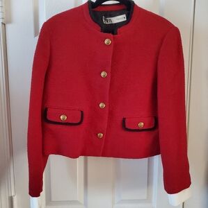 Zara Tweed crop Jacket/Blazer, white cuffs, gold buttons XL